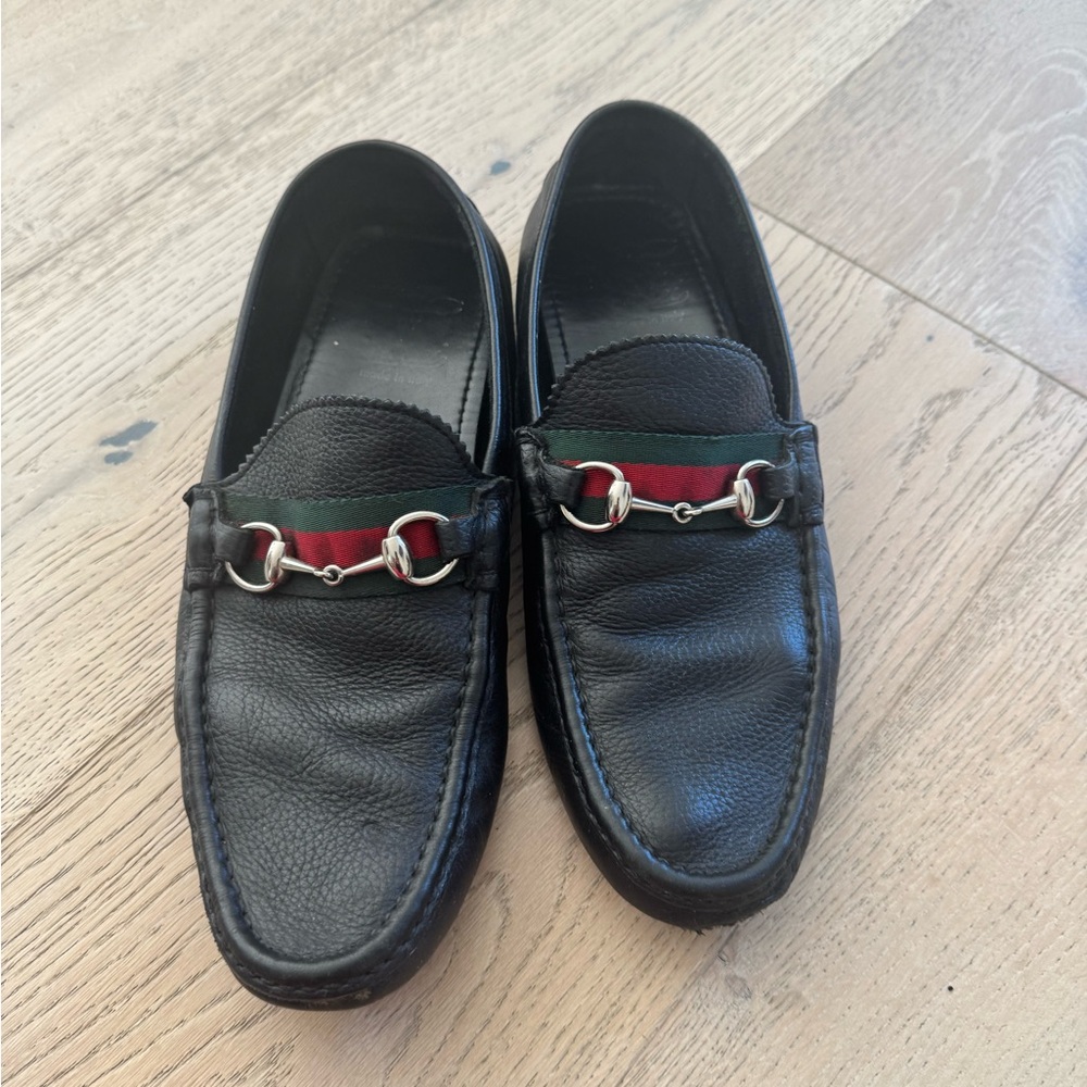 Gucci Black Leather Loafers with Metal Accent